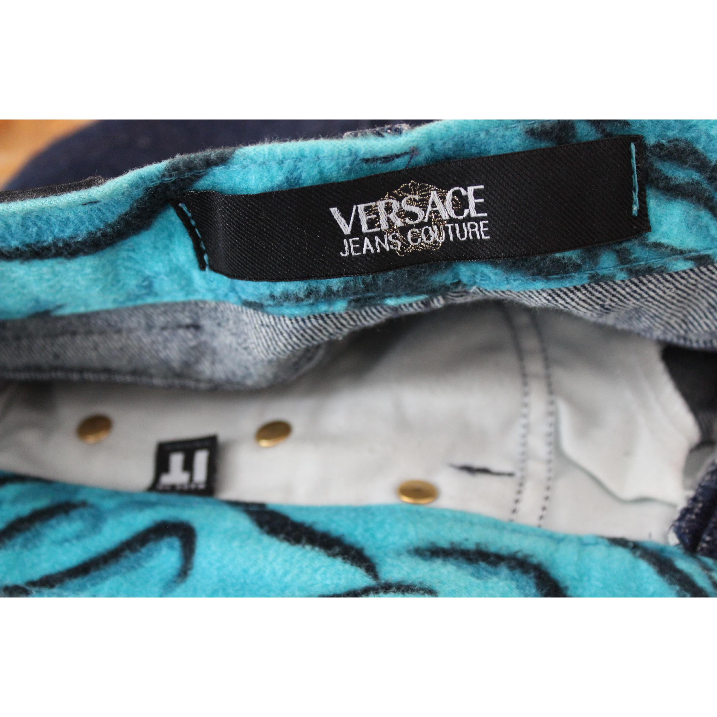 1990s Versace Jeans Couture Blue Cotton Embroidered Animalier Pants 3