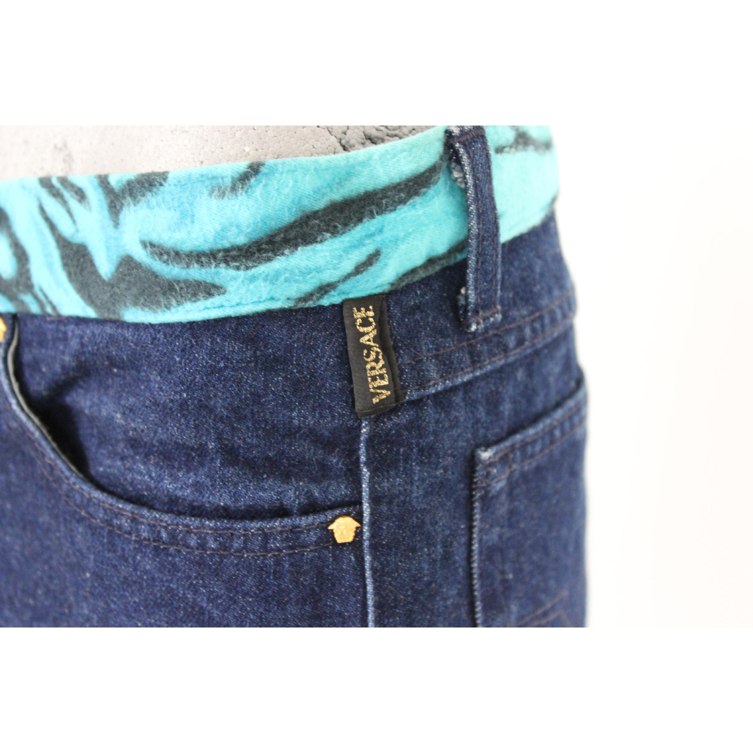 1990s Versace Jeans Couture Blue Cotton Embroidered Animalier Pants In Excellent Condition In Brindisi, Bt