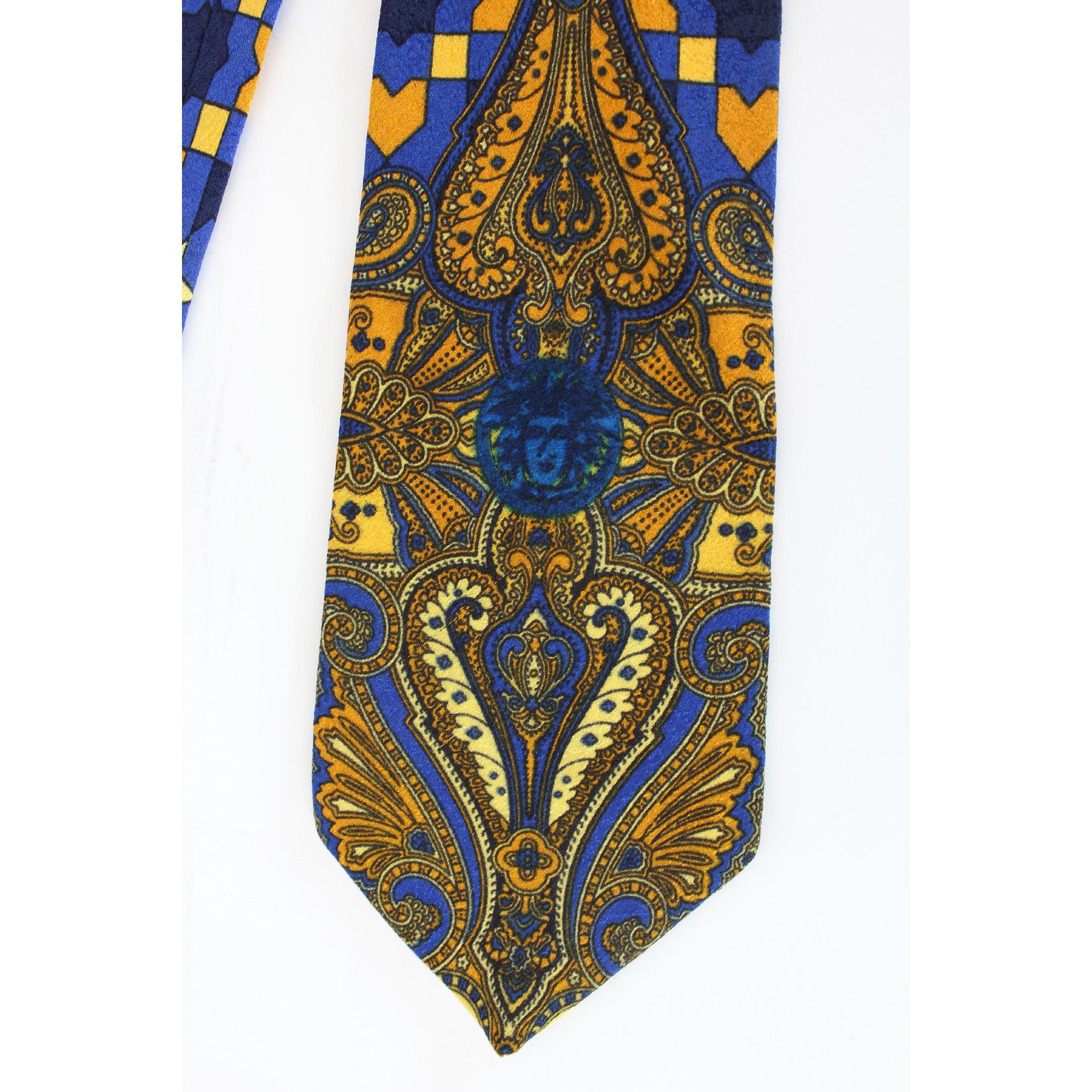Black 1980s Gianni Versace Tie Silk Baroque Vintage Blue Gold