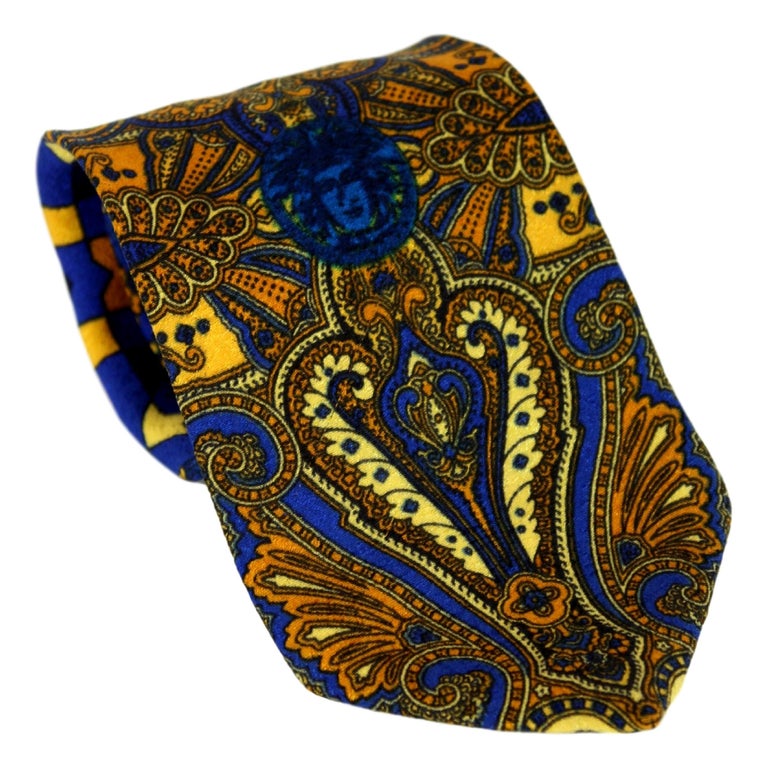 1980s Gianni Versace Tie Silk Baroque Vintage Blue Gold at 1stDibs