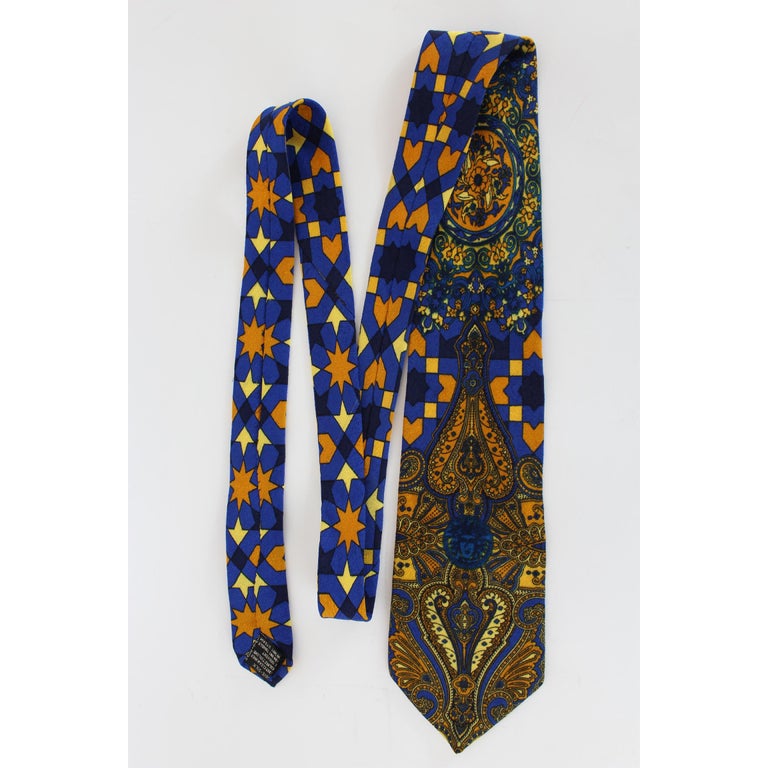 1980s Gianni Versace Tie Silk Baroque Vintage Blue Gold at 1stDibs