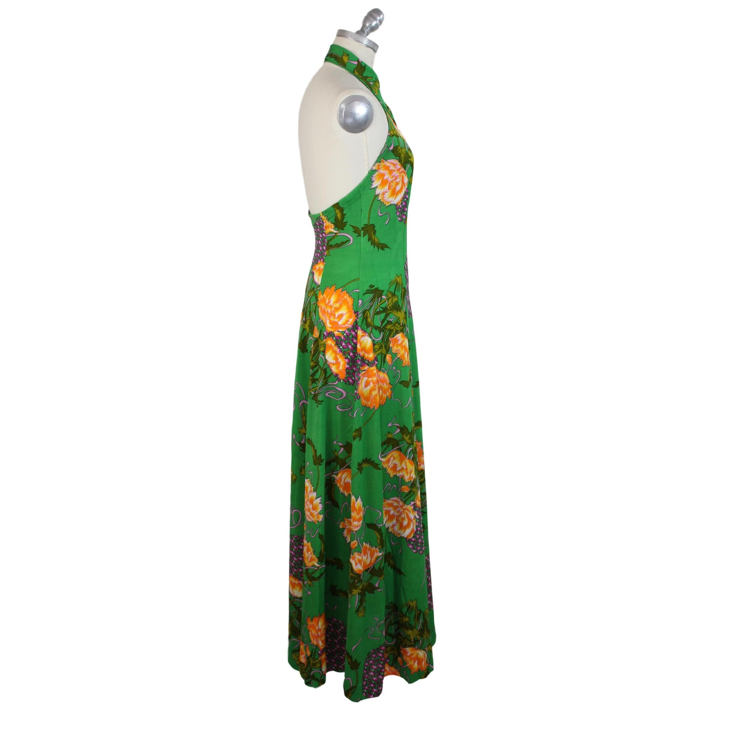 Women's Vintage Floral Party Cocktail American Neckline Long Green Handmade Dress 1980s For Sale