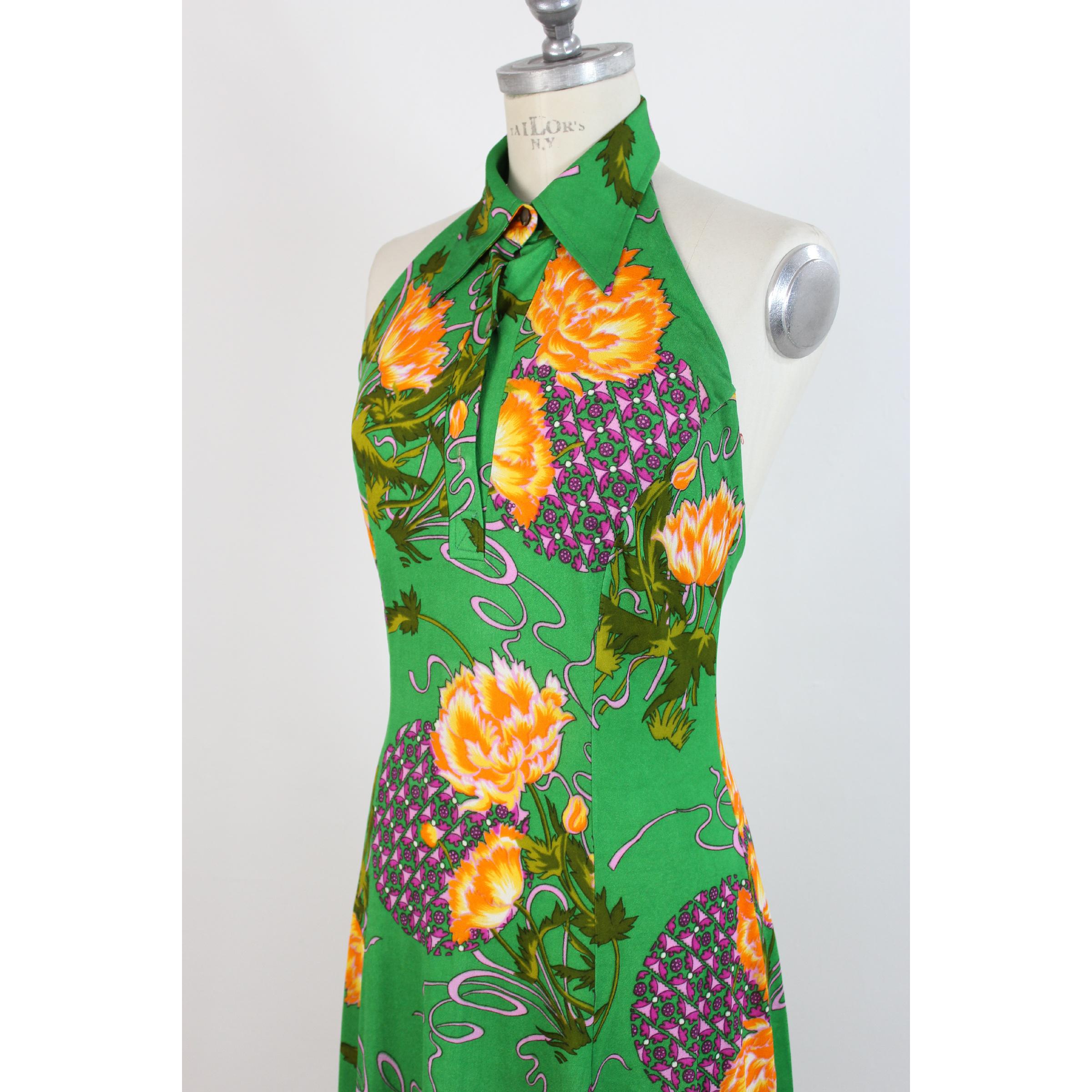 Vintage Floral Party Cocktail American Neckline Long Green Handmade Dress 1980s For Sale 1