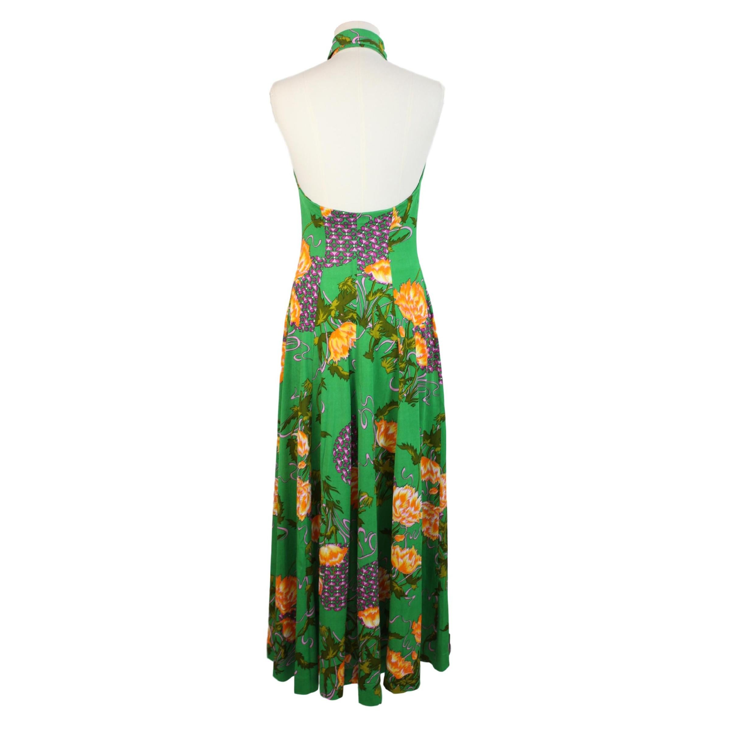 Vintage Floral Party Cocktail American Neckline Long Green Handmade Dress 1980s In Excellent Condition For Sale In Brindisi, Bt