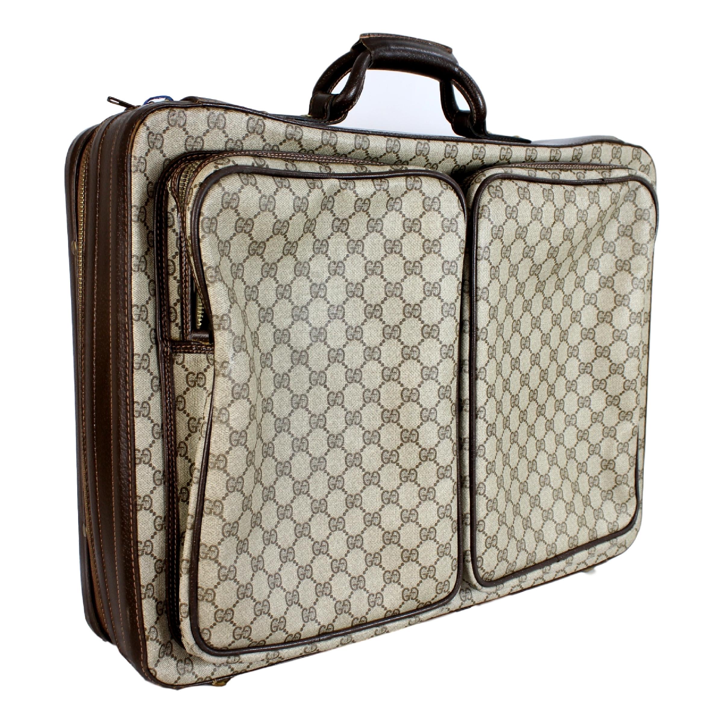 1980s Gucci Monogram Beige Leather Suitcase Luggage Bag 3