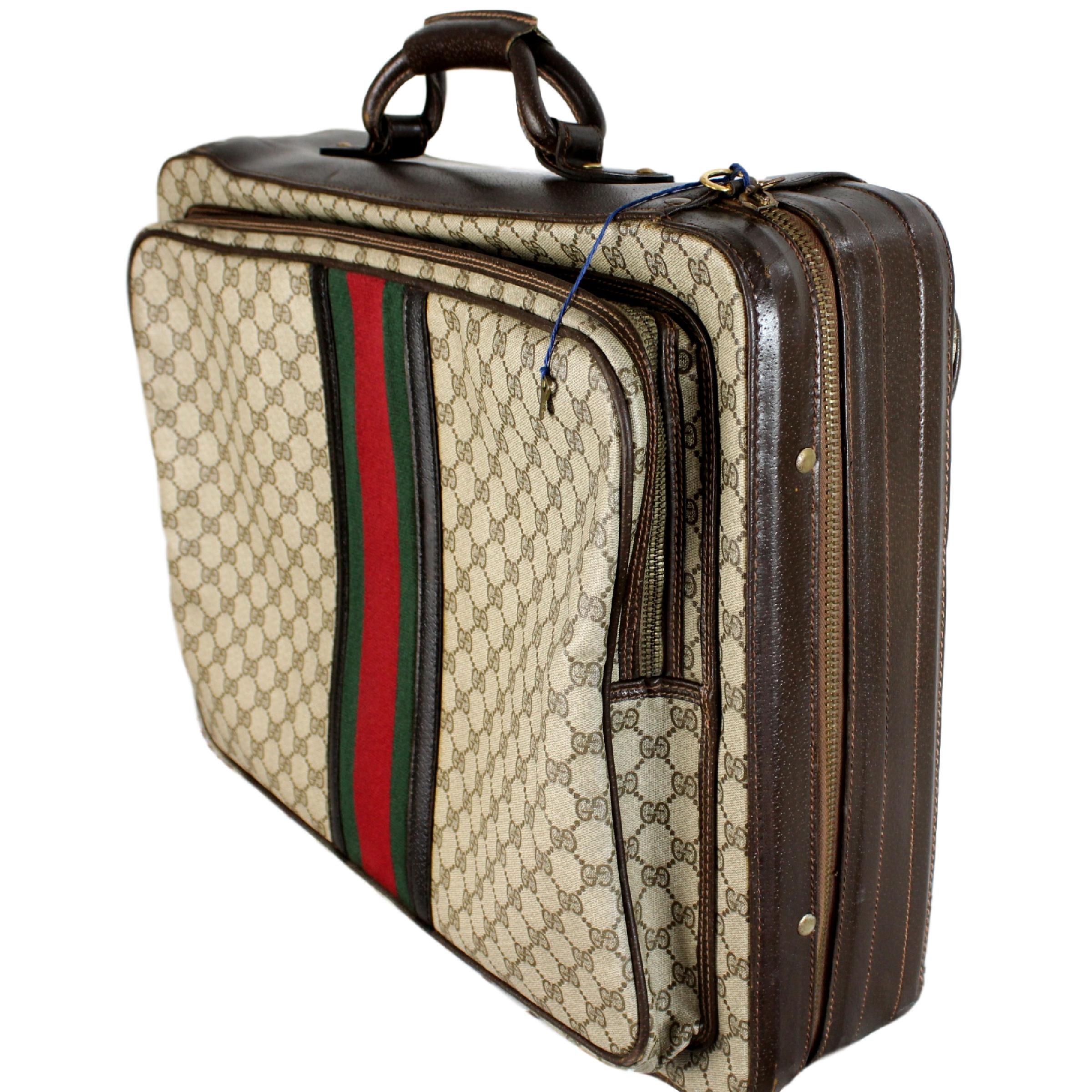 1980s Gucci Monogram Beige Leather Suitcase Luggage Bag 5
