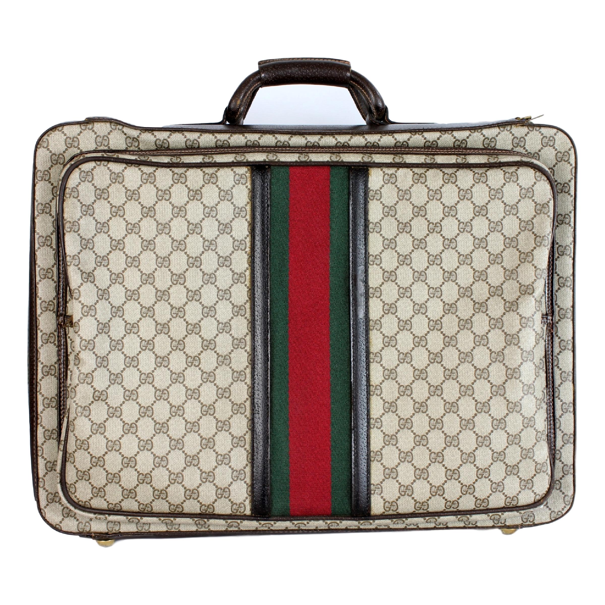 1980s Gucci Monogram Beige Leather Suitcase Luggage Bag