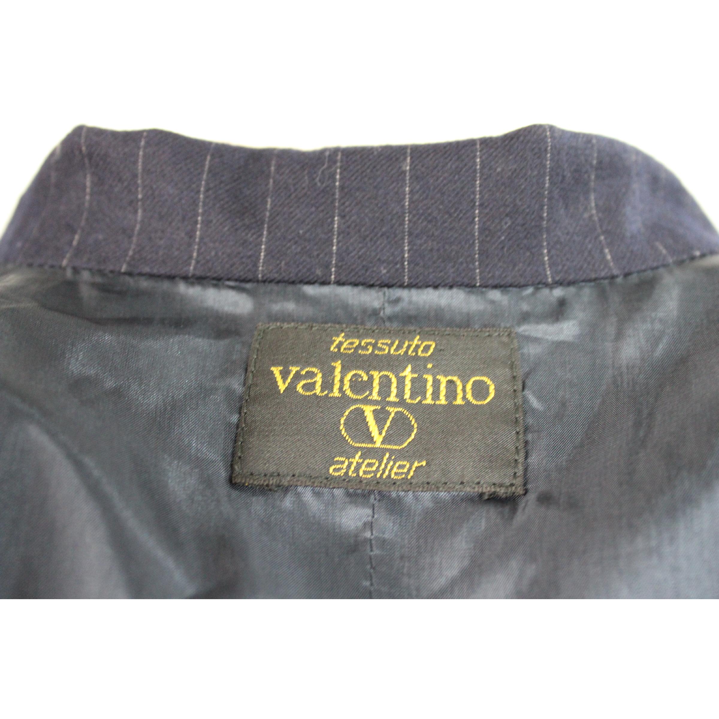 1980s Valentino Atelier Blue Gray Wool Pinstripe Double Breasted Jacket 2