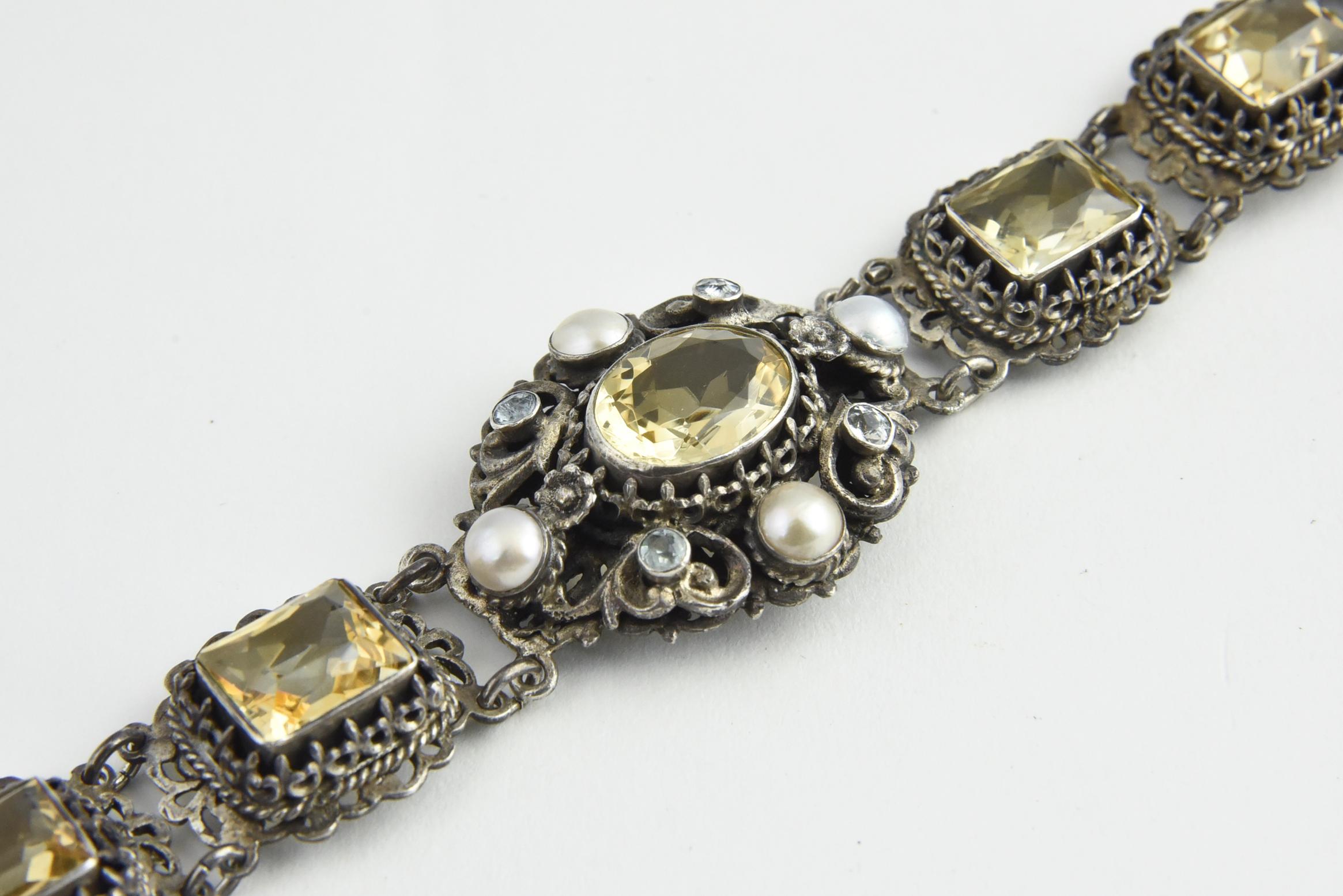 Austro-Hungarian Pearl and Citrine Silver Bracelet In Good Condition For Sale In Miami Beach, FL