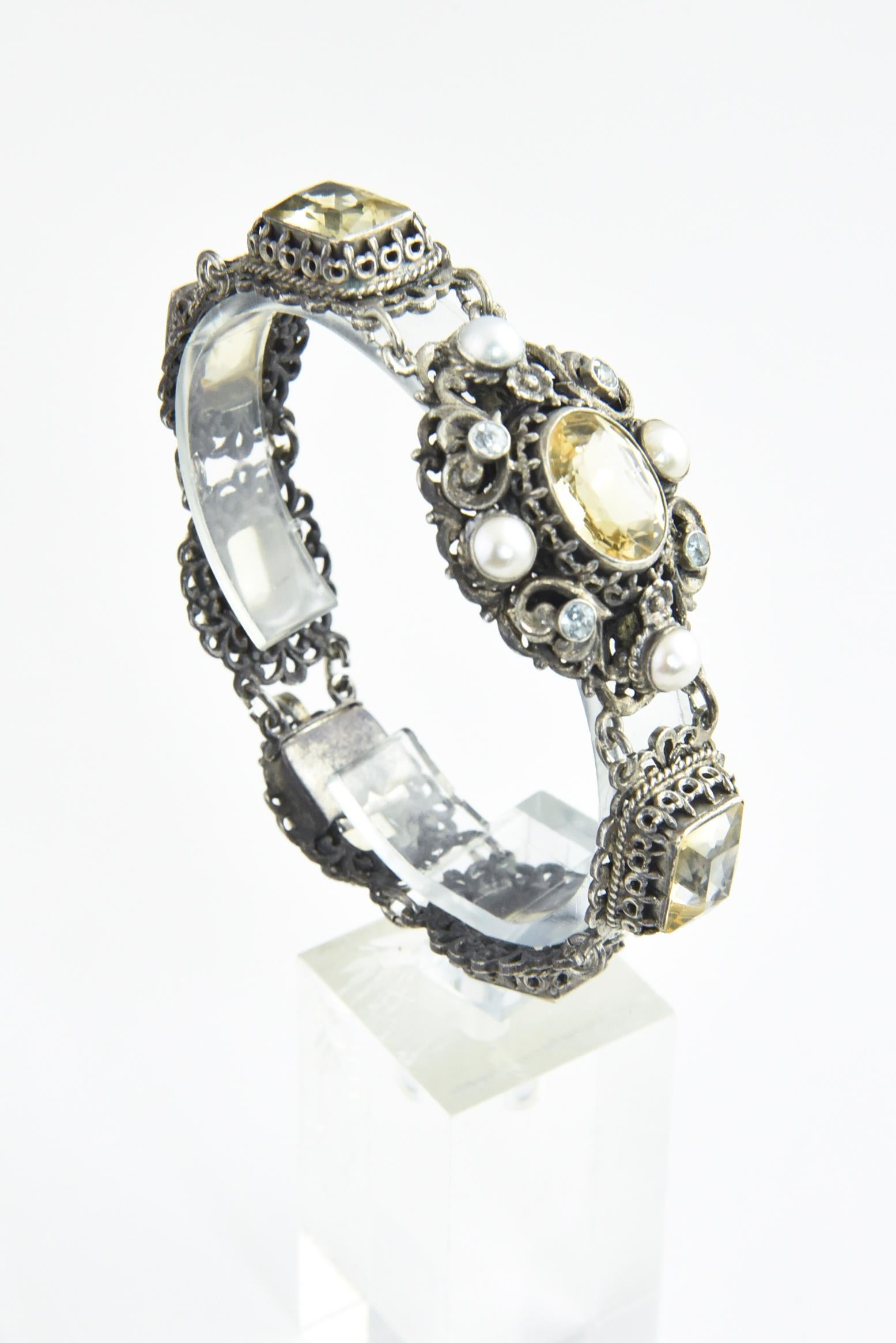 Austro-Hungarian Pearl and Citrine Silver Bracelet For Sale 4