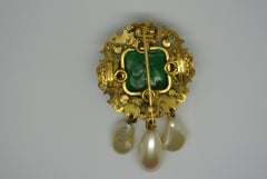 Vintage Chanel Byzantine Green Poured Glass Gripoix Filigree Pearl Drop Brooch