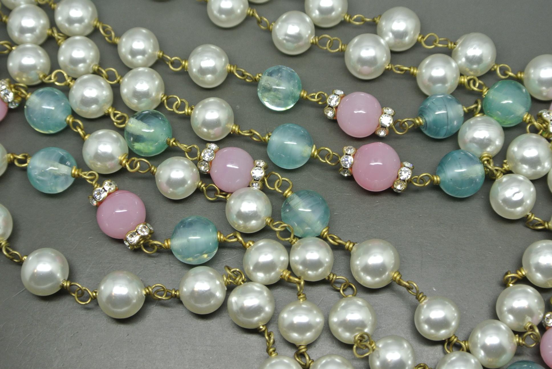 Artist Chanel green pink gripoix poured glass faux pearl long necklace For Sale