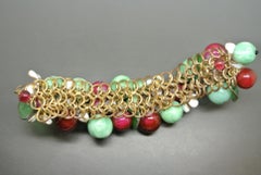 Gripoix 1950s Made in France Red Green Berry Beaded Charms Bracelet