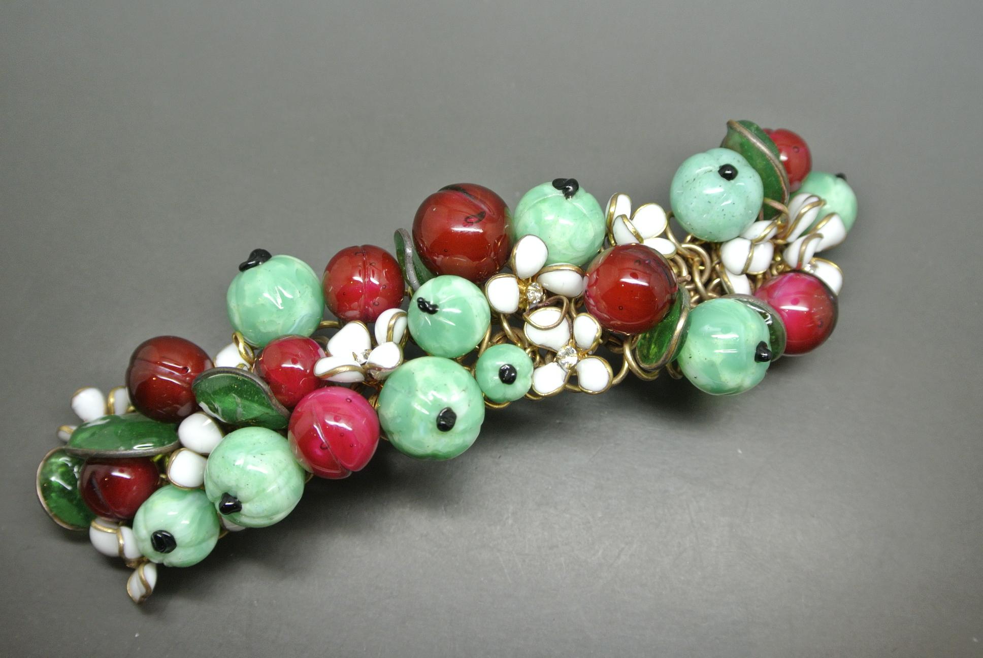Artist Gripoix 1950s Made in France Red Green Berry Beaded Charms Bracelet For Sale