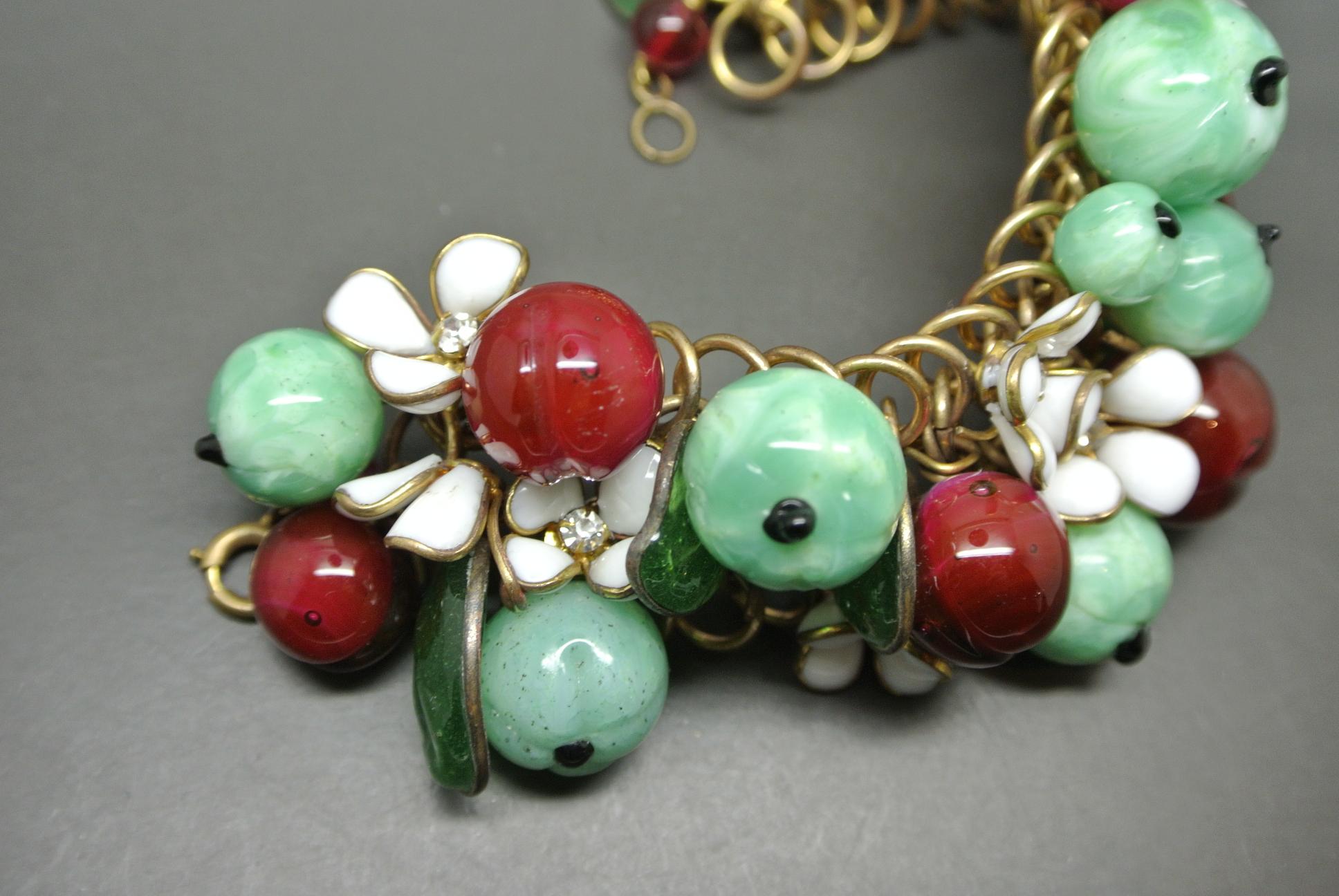 Women's or Men's Gripoix 1950s Made in France Red Green Berry Beaded Charms Bracelet For Sale