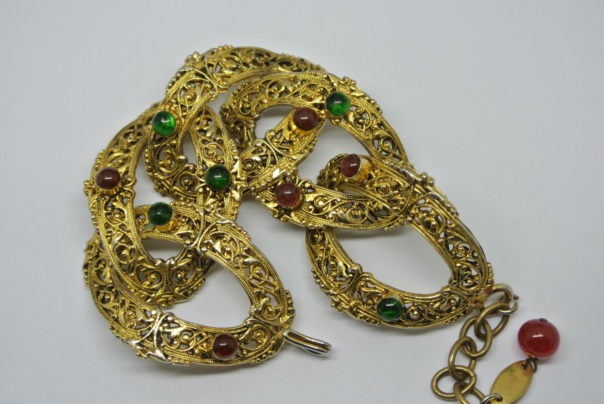 Women's or Men's Vintage Chanel Byzantine Filigree Green Red Poured Glass Bracelet For Sale