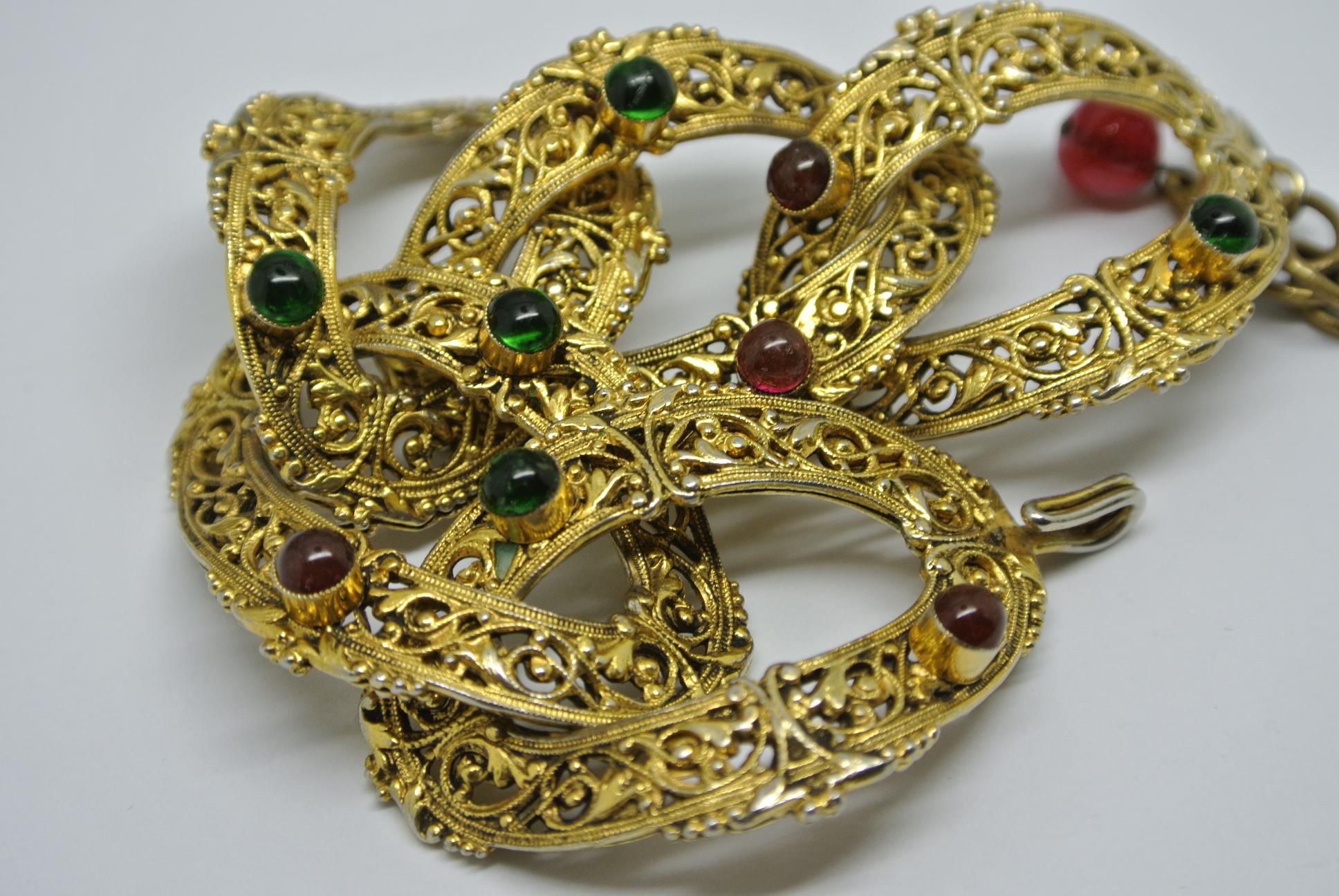 Vintage Chanel Byzantine Filigree Green Red Poured Glass Bracelet For Sale 2