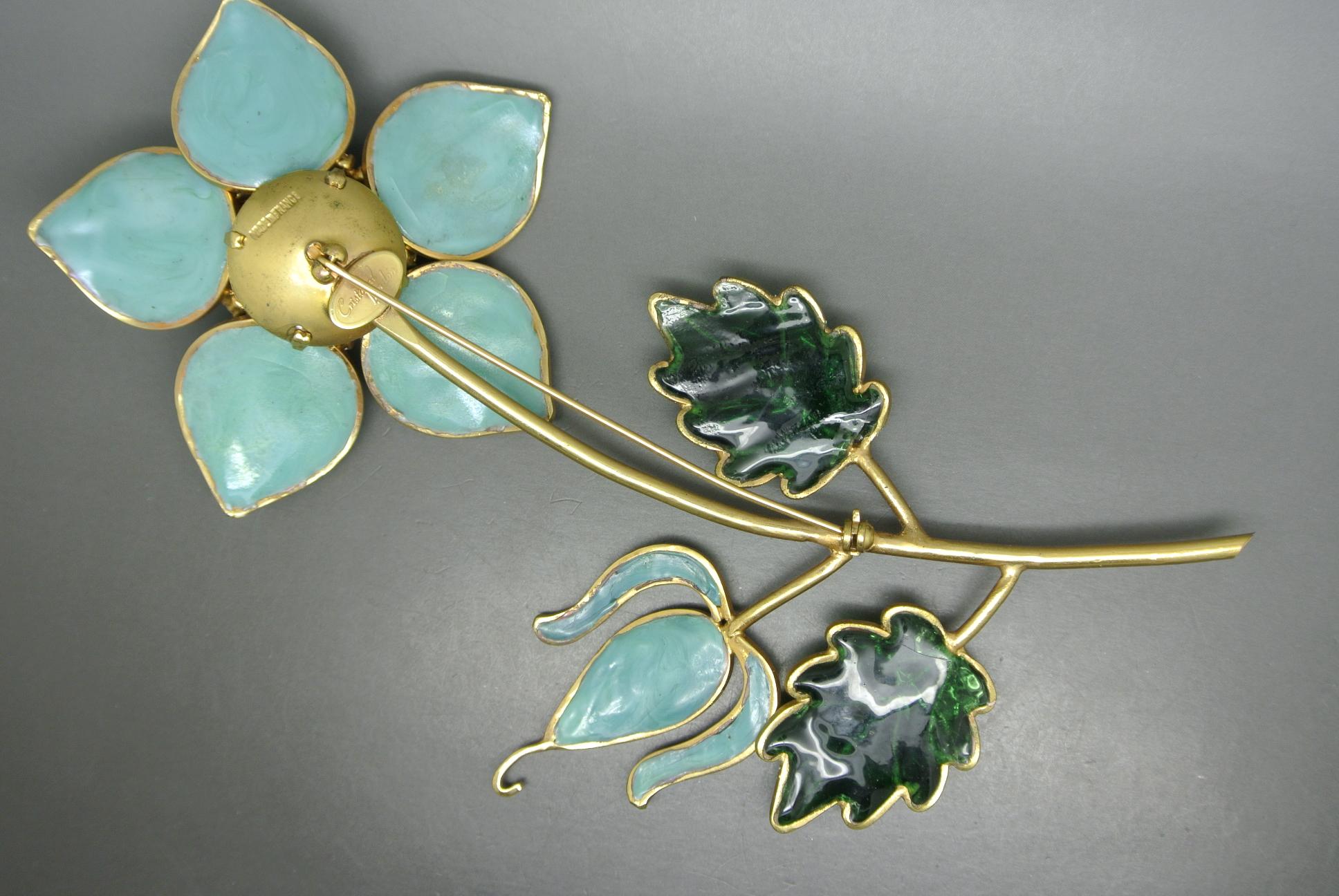 Cristobal by Gripoix Made in France Blue Flower Poured Glass Large Brooch In Fair Condition In London, GB