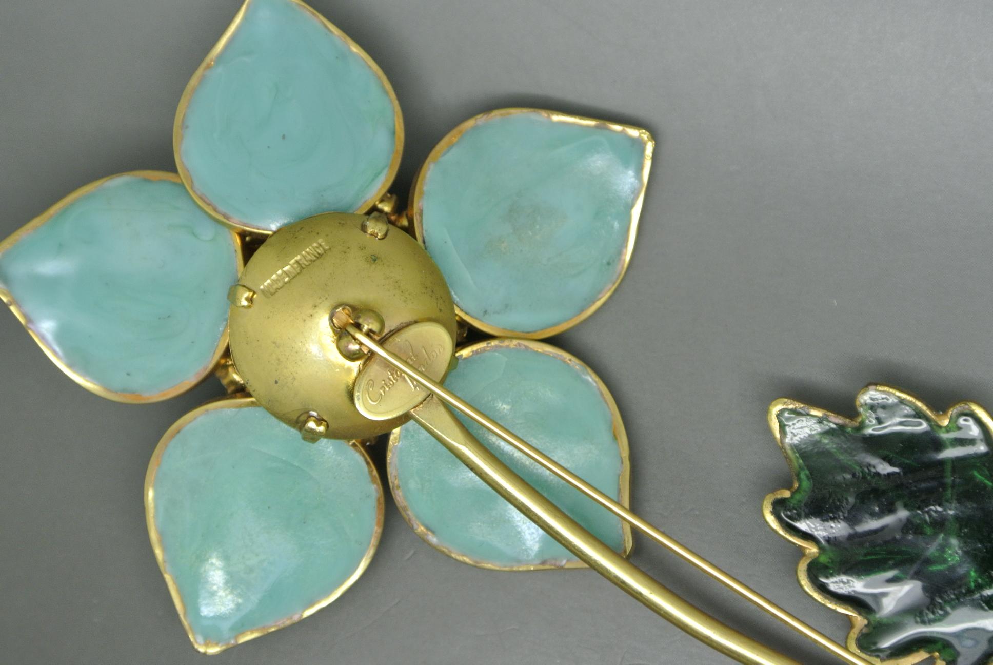 Women's or Men's Cristobal by Gripoix Made in France Blue Flower Poured Glass Large Brooch