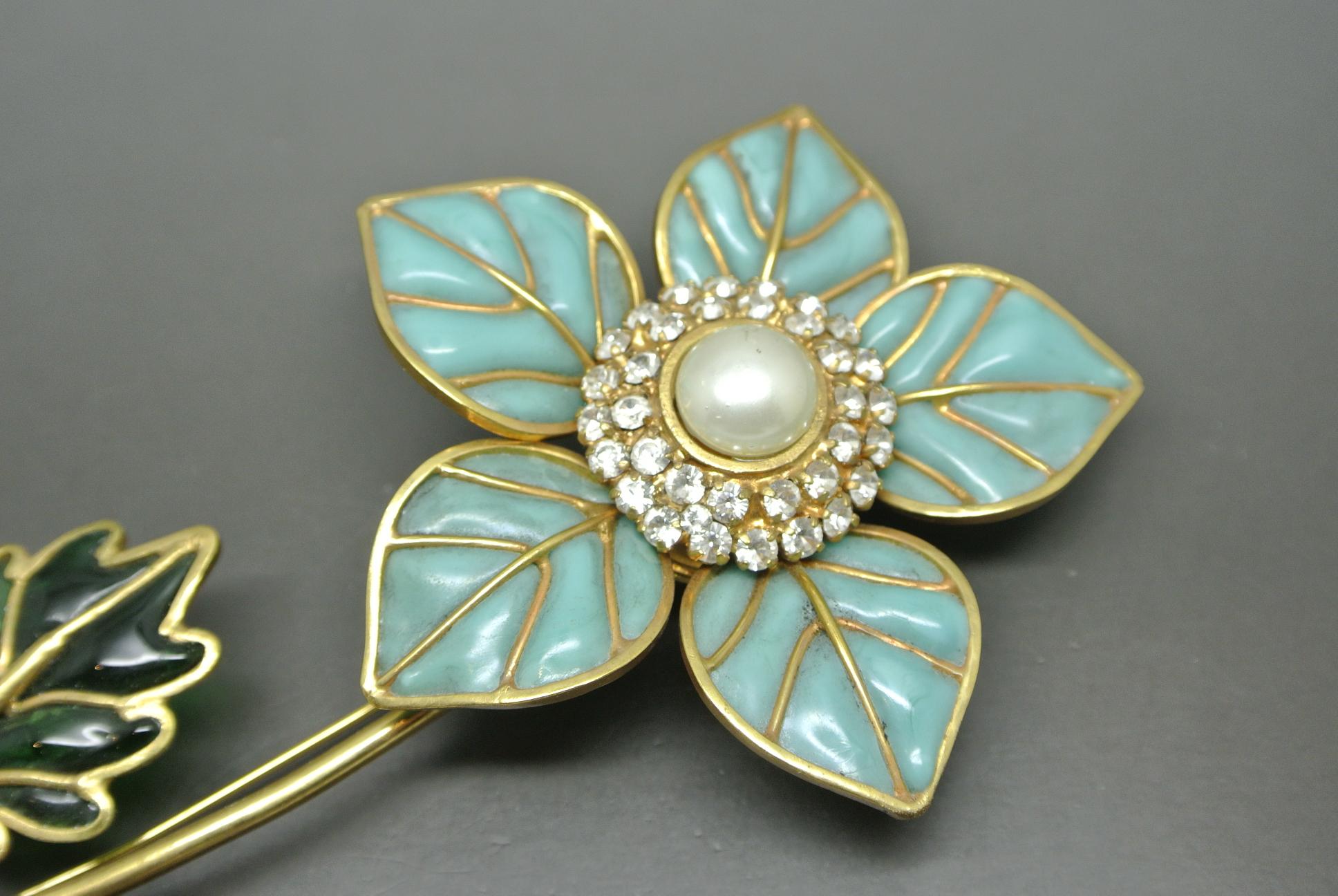 Cristobal by Gripoix Made in France Blue Flower Poured Glass Large Brooch 2