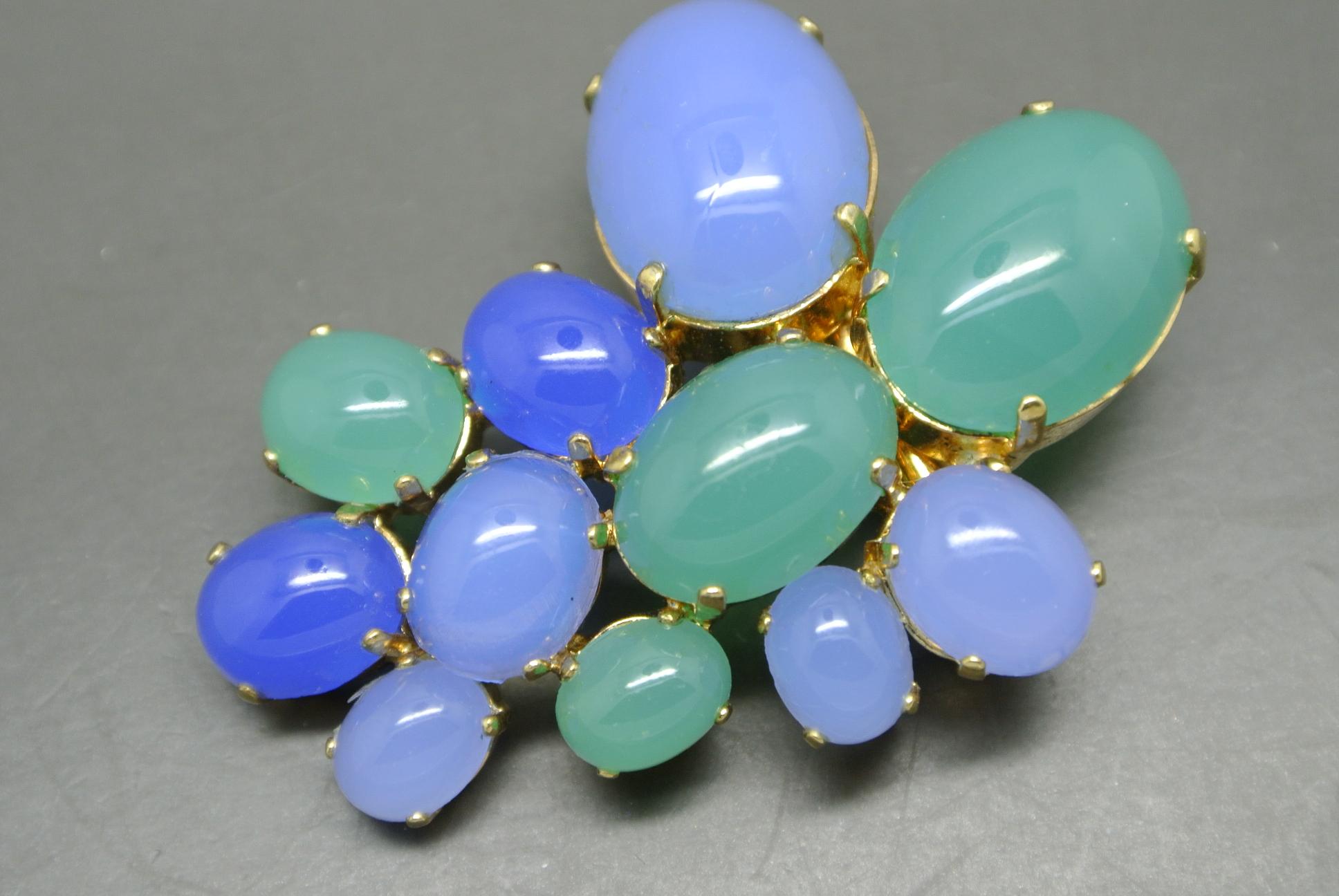 Women's or Men's Christian Dior 1968 Blue Green Glass Geometric Shape Brooch For Sale