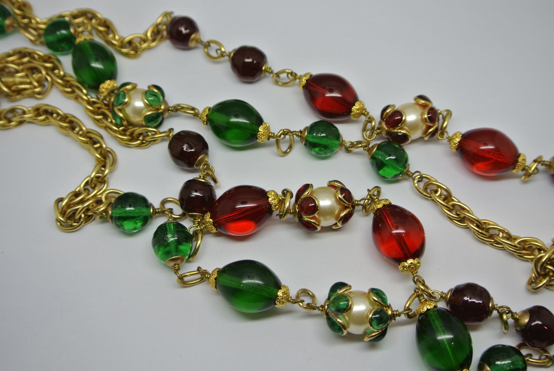 Chanel green red gripoix poured glass flower capped faux pearl chain necklace 2