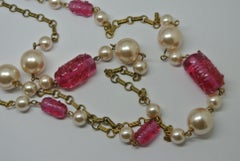 Chanel signed red poured glass faux pearl long chain necklace