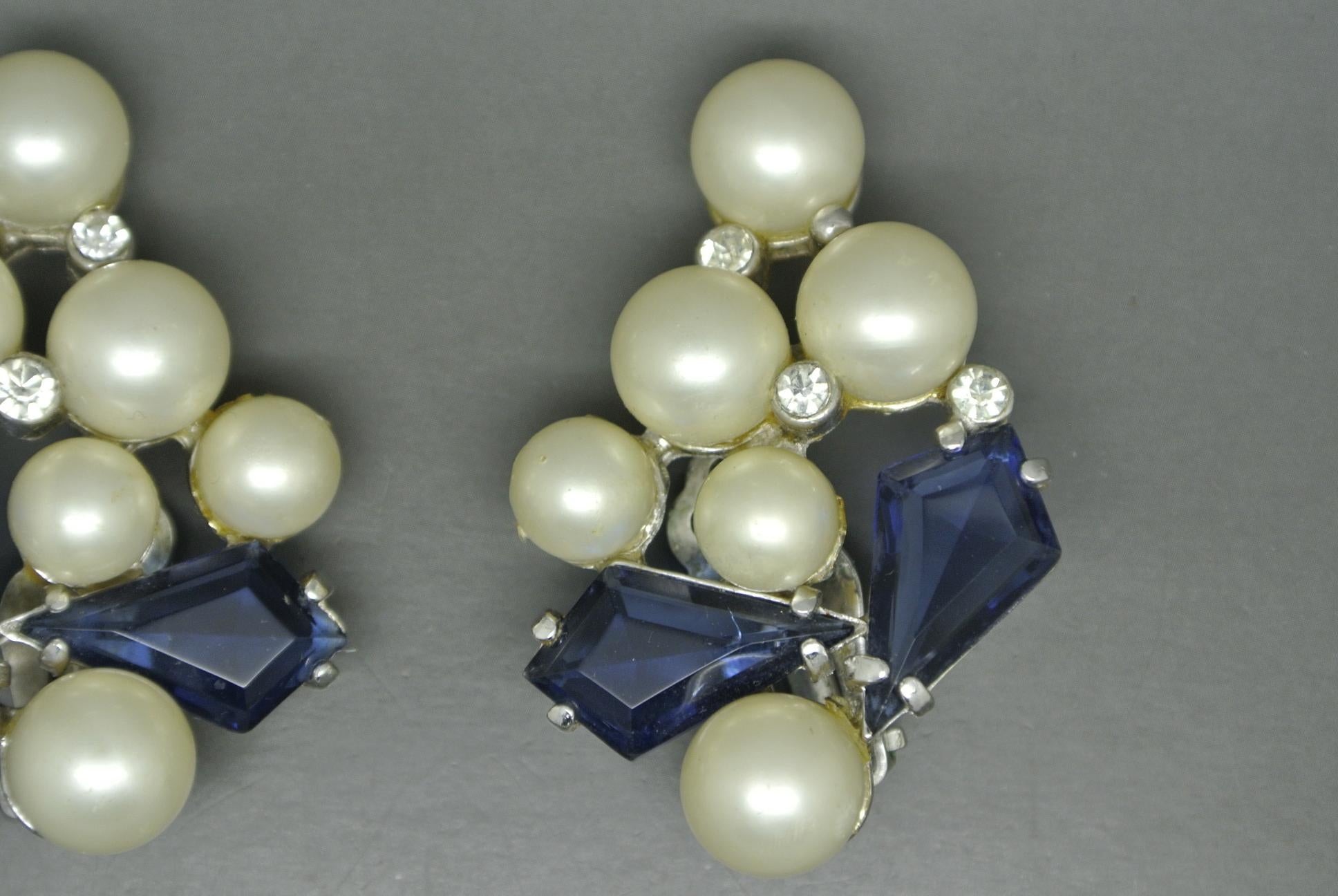Artist Schiaparelli 1950s blue glass faux pearl gold-tone earrings For Sale
