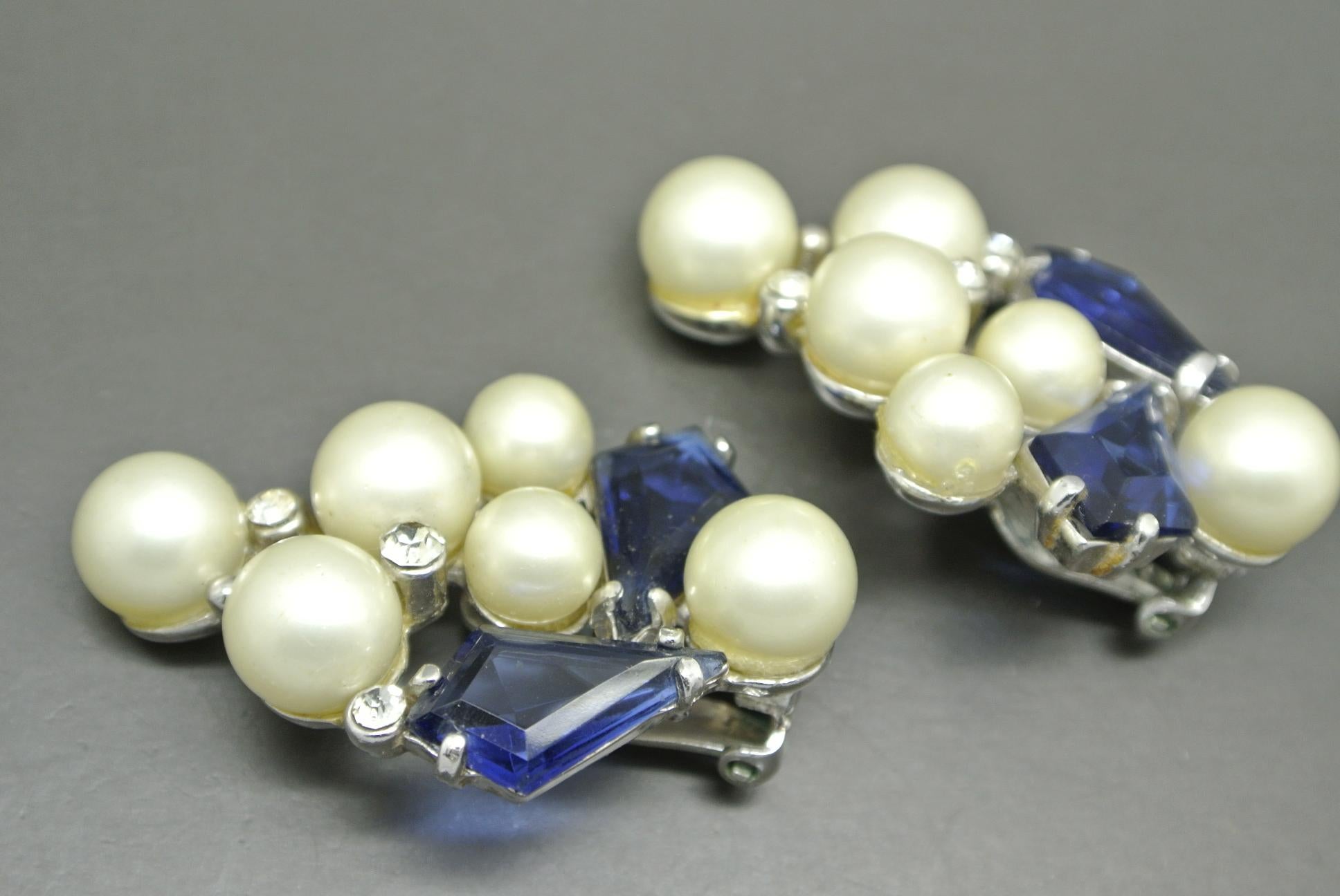 Women's or Men's Schiaparelli 1950s blue glass faux pearl gold-tone earrings For Sale