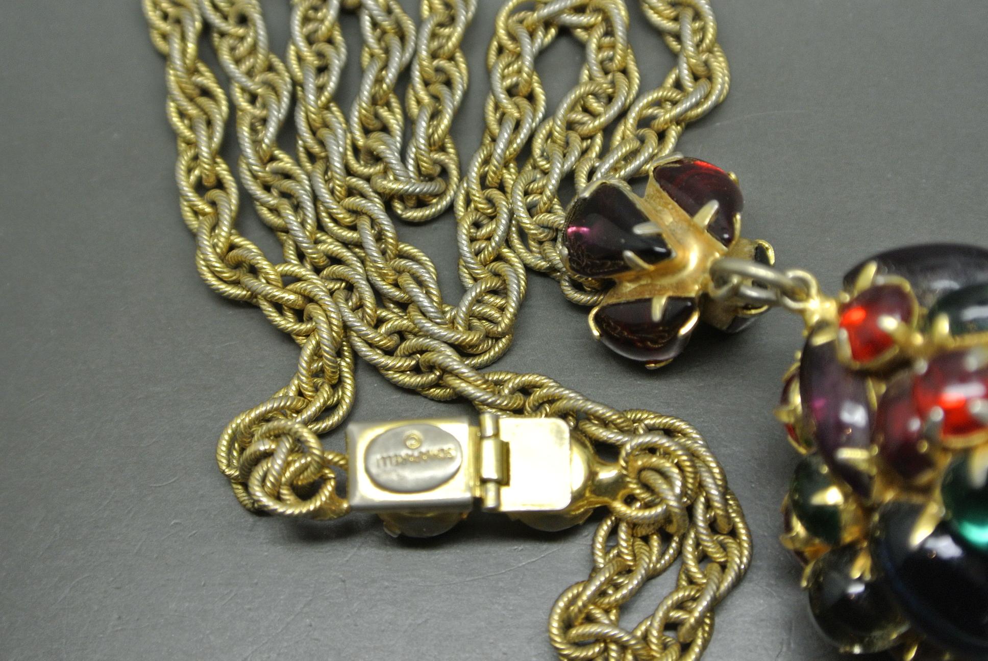 Artist Schiaparelli multi-colour glass pendant gold-tone tassel necklace For Sale