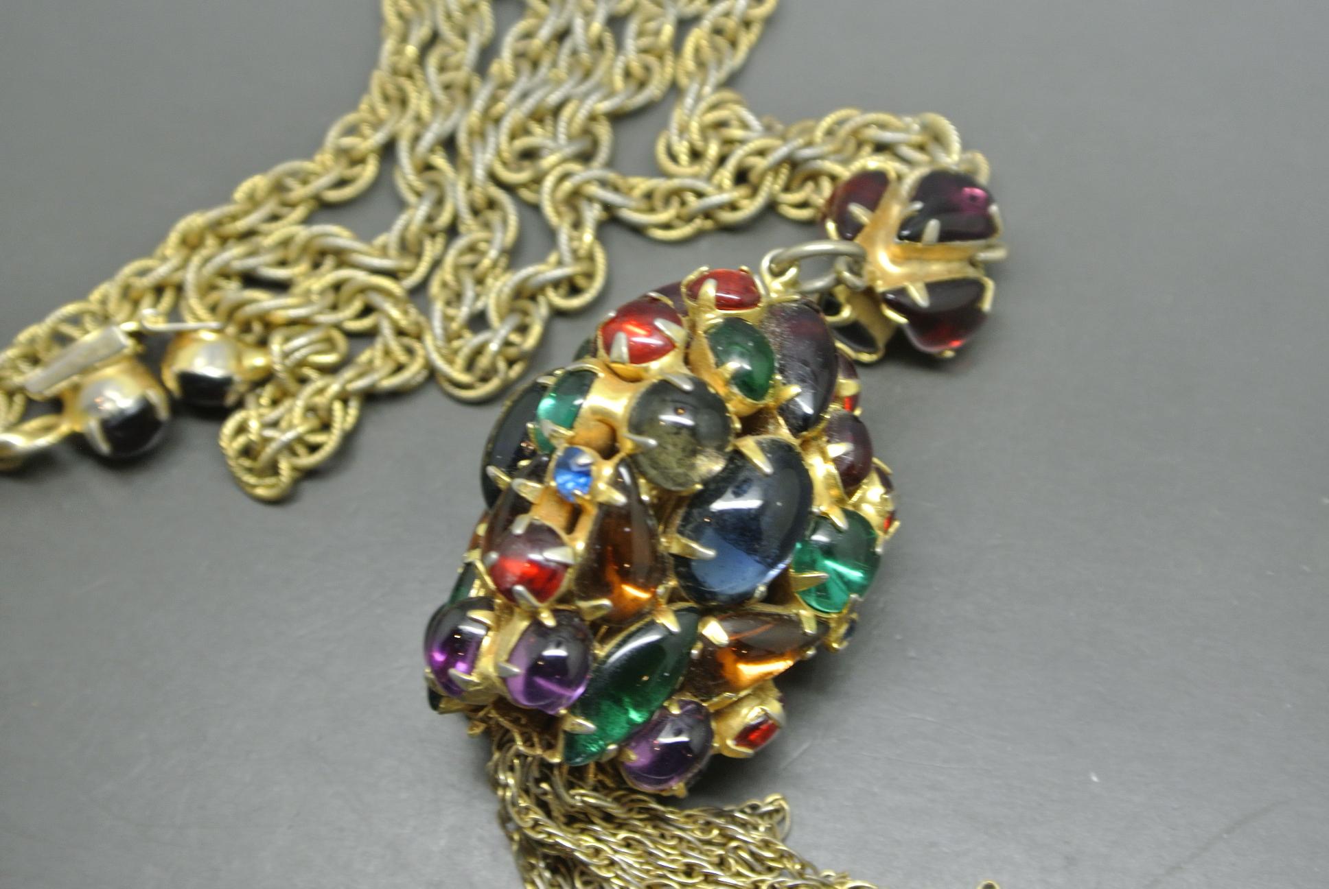 Women's or Men's Schiaparelli multi-colour glass pendant gold-tone tassel necklace For Sale