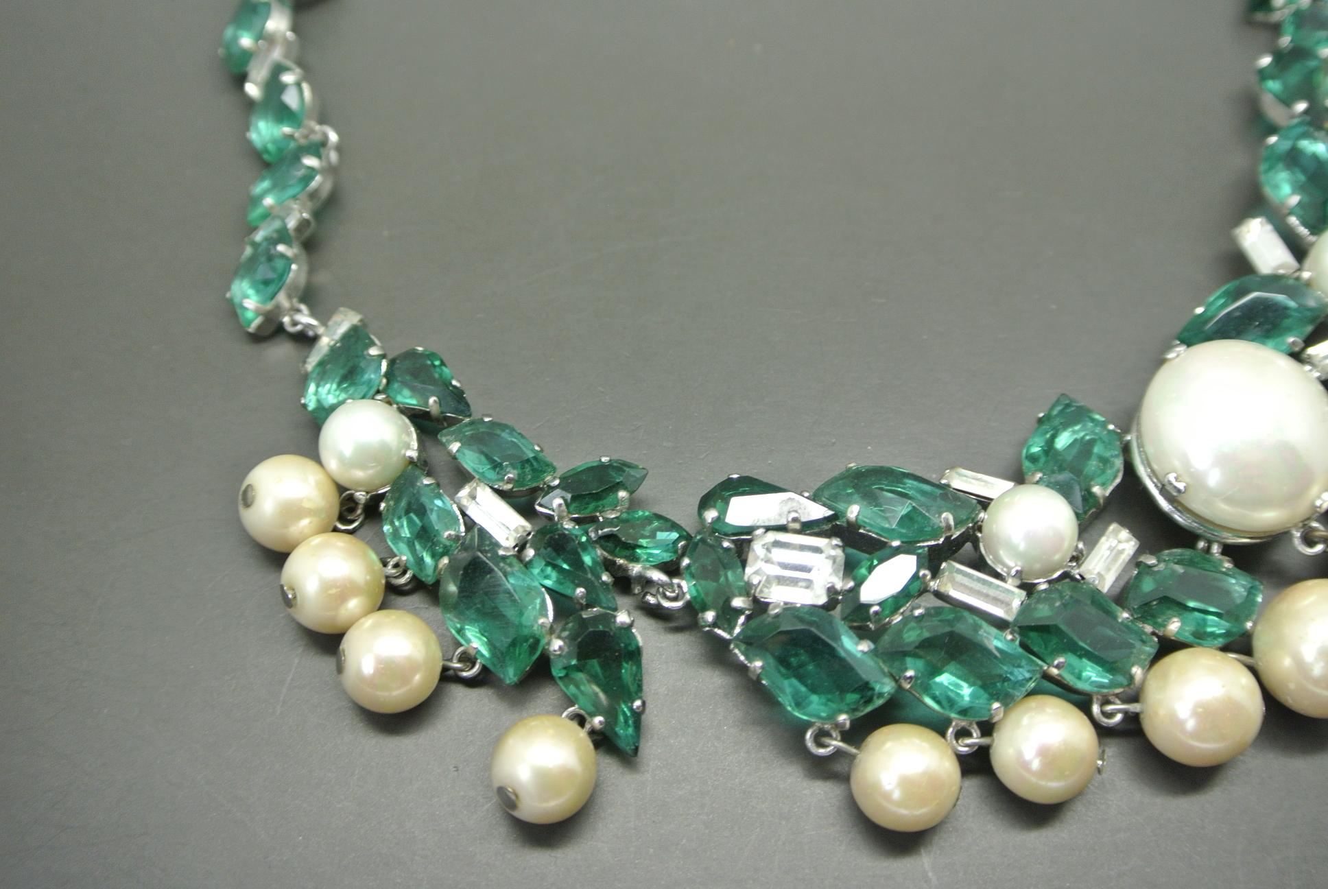 Artist Christian Dior 1960 green irregular crystal faux pearl drop  Necklace