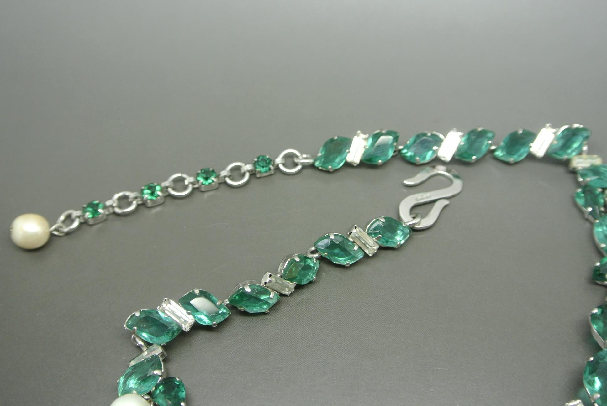 Women's or Men's Christian Dior 1960 green irregular crystal faux pearl drop  Necklace