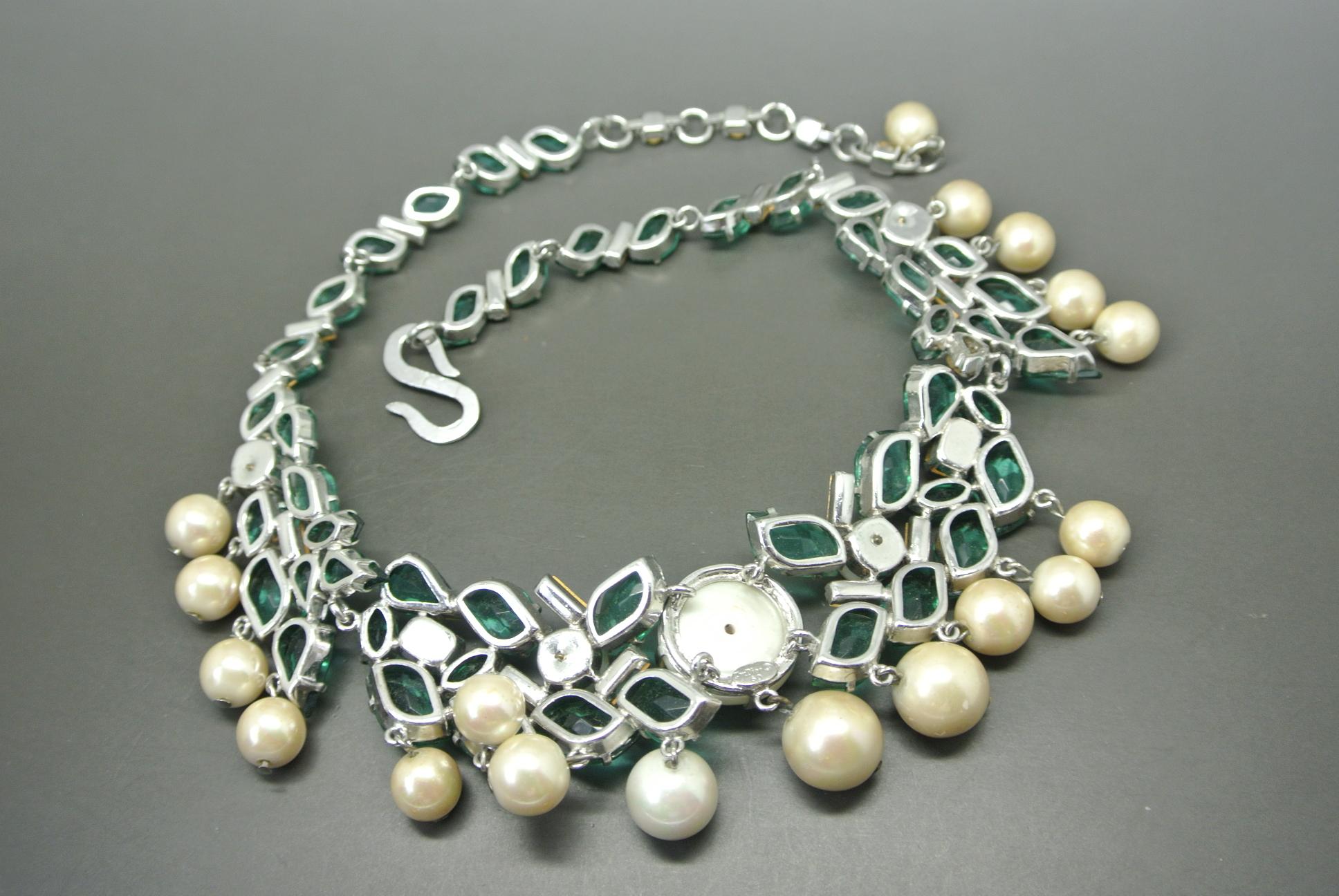 Christian Dior 1960 green irregular crystal faux pearl drop  Necklace 1