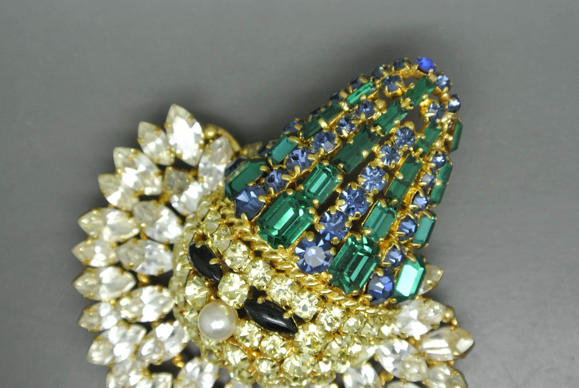 Women's or Men's Christian Dior 1966 Green Crystal Large Circus Clown Brooch For Sale