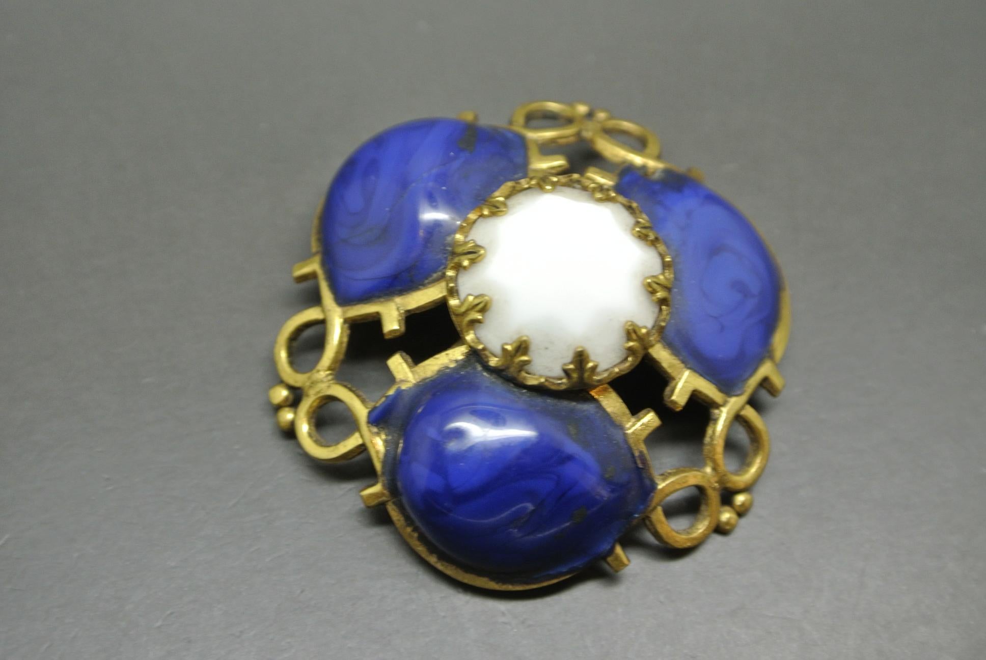 Artist Gripoix Made in France lapis Blue Poured Glass abstract Brooch For Sale