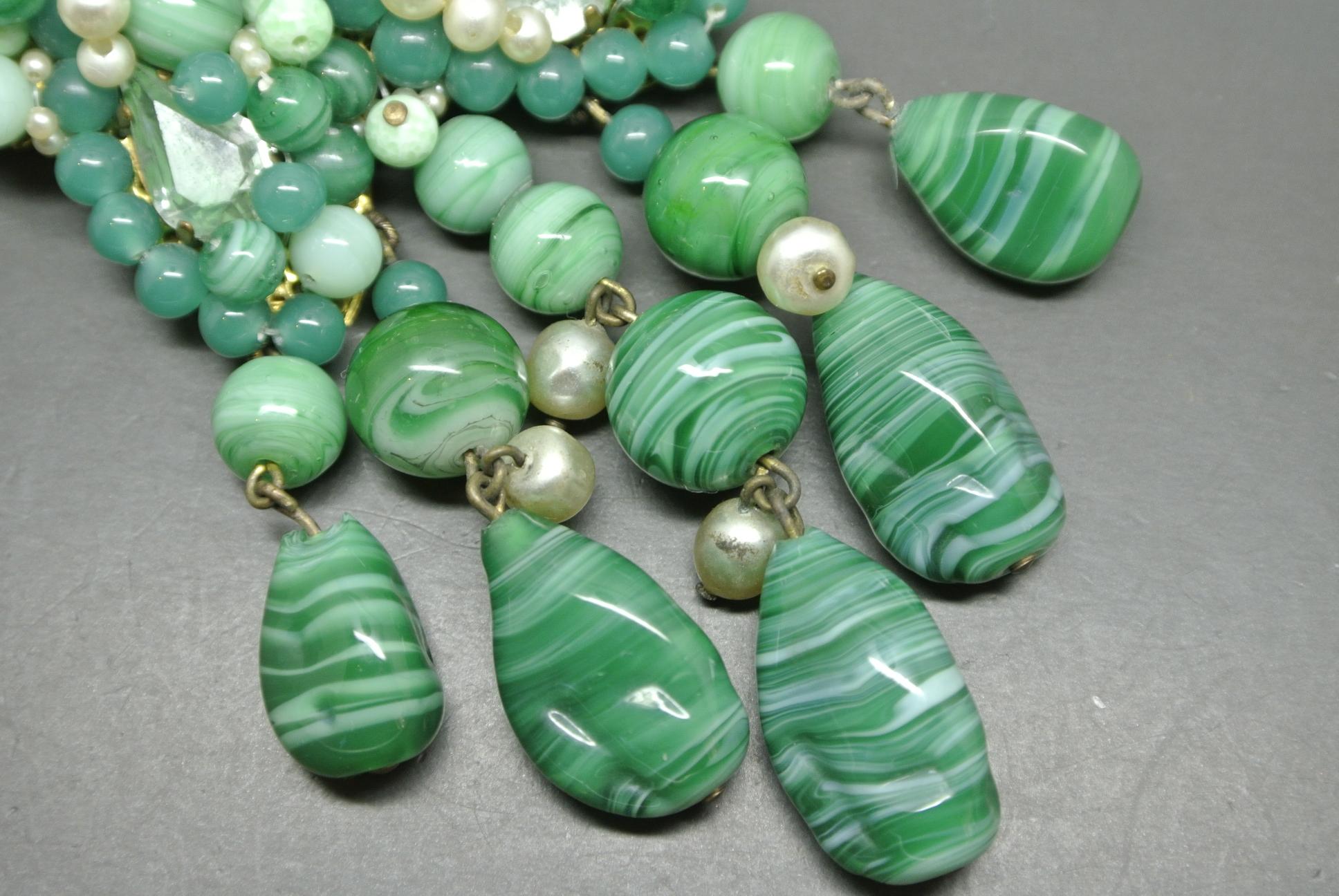 Artist French 1950s tassel Drop Green Poured Glass Brooch For Sale