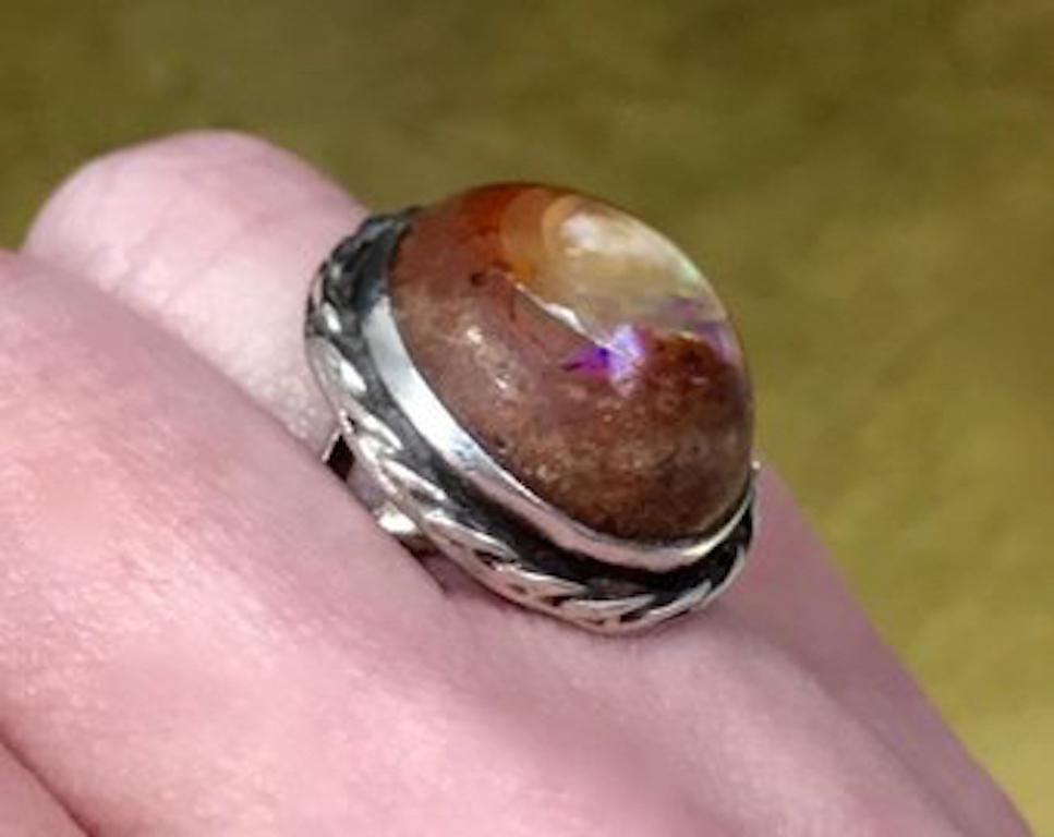 Round Cut Vintage Mid Century 950 Sterling Silver Large Cabochon Cut Boulder Opal Ring  For Sale