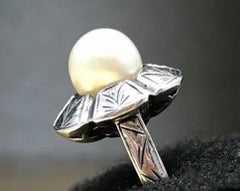 Antique 950 Sterling Natural Pearl Ring 1800s Grand Period Etruscan Revival