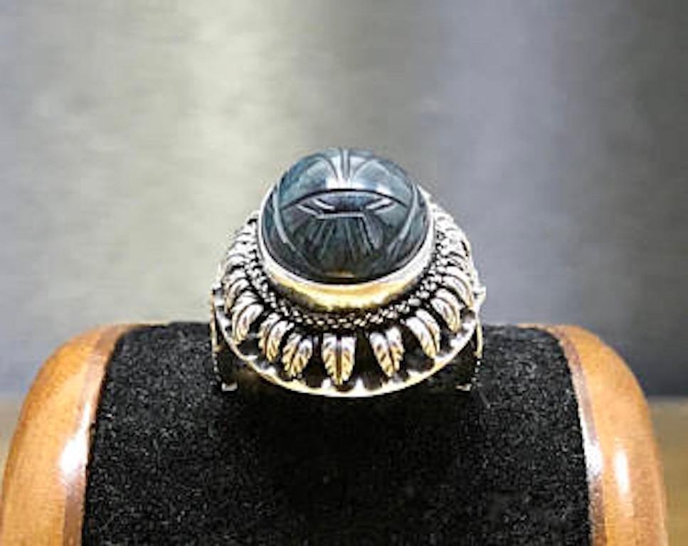 Antique 800 Silver Mid Victorian Egyptian Revival Carved Blue Quarts Scarab Ring In Good Condition For Sale In Champions State Gate, FL