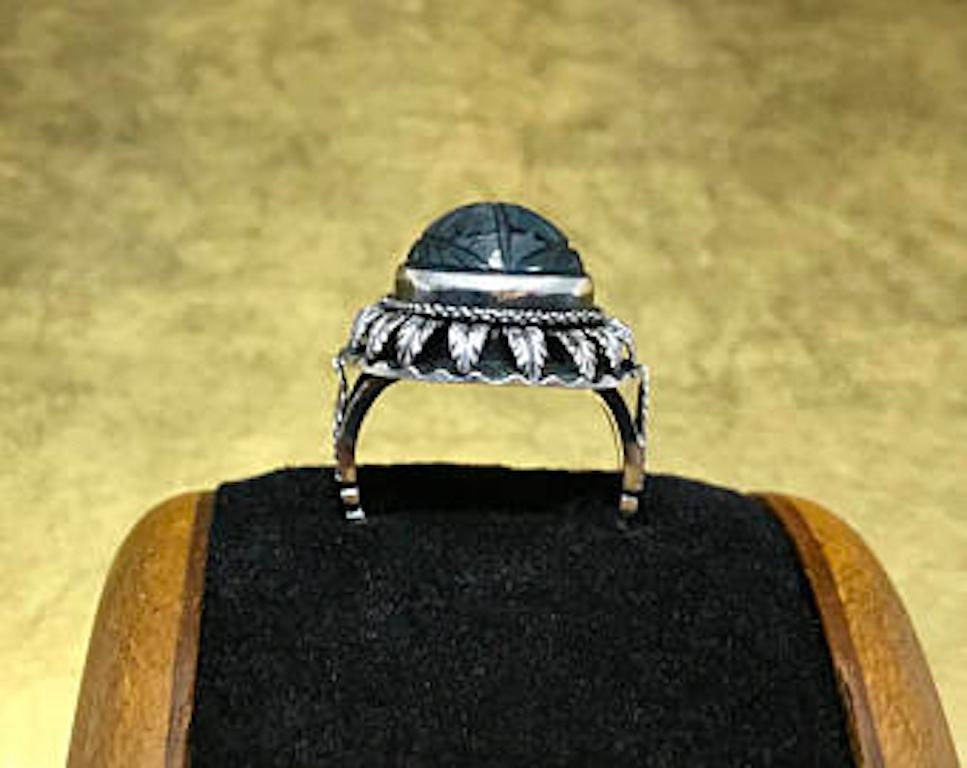 Antique 800 Silver Mid Victorian Egyptian Revival Carved Blue Quarts Scarab Ring For Sale 1
