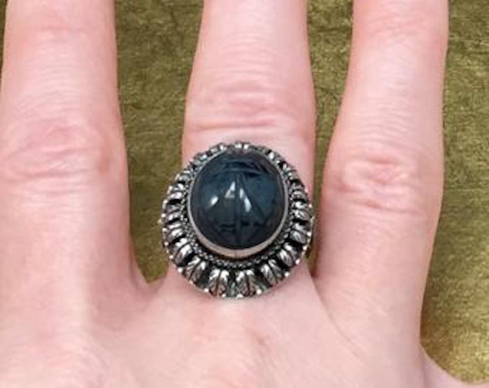 Antique 800 Silver Mid Victorian Egyptian Revival Carved Blue Quarts Scarab Ring For Sale 2