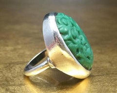 Antique 800 Silver Arts and Crafts 1800s Carved Green Turquoise Cocktail Ring