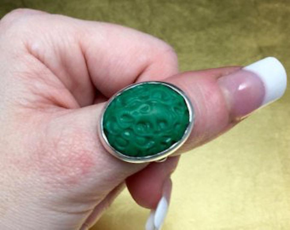 Women's or Men's Antique 800 Silver Arts and Crafts 1800s Carved Green Turquoise Cocktail Ring For Sale