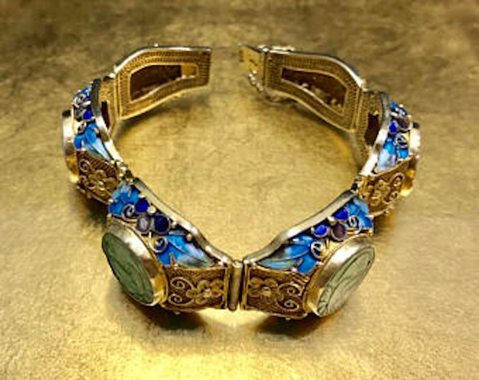 Antique 1900s Art Nouveau Carved Jade Gilded Sterling Chinese Filigree Bracelet For Sale 2
