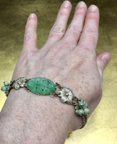 1920s Vintage Late Art Nouveau Carved Jade Sterling Silver Floral Bracelet