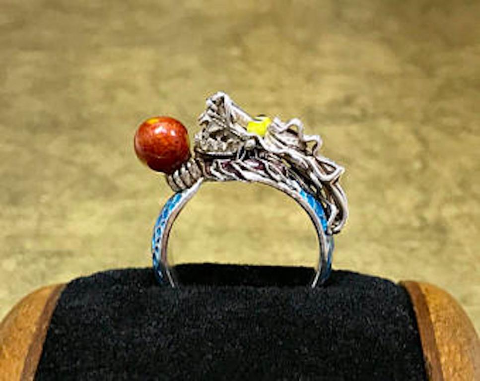 Antique Circa 1915 Asian Art Deco Sterling Silver Jade 3D Dragon Cocktail Ring In Good Condition For Sale In Champions State Gate, FL