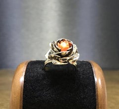 Vintage 1940s Mid Century Carved Coral Gilder Sterling Silver Floral Rose Ring