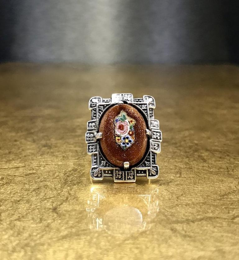 Art Deco Vintage 1930s Sterling Silver Goldstone Micro Mosaic Christmas Ring  For Sale 1