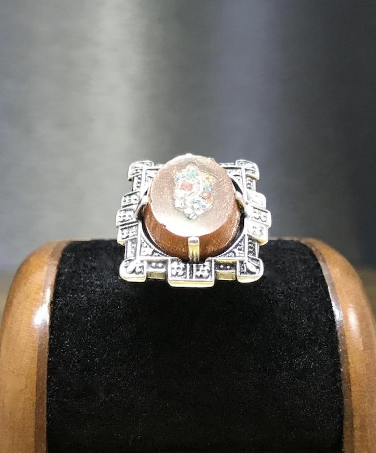 Art Deco Vintage 1930s Sterling Silver Goldstone Micro Mosaic Christmas Ring  For Sale 2
